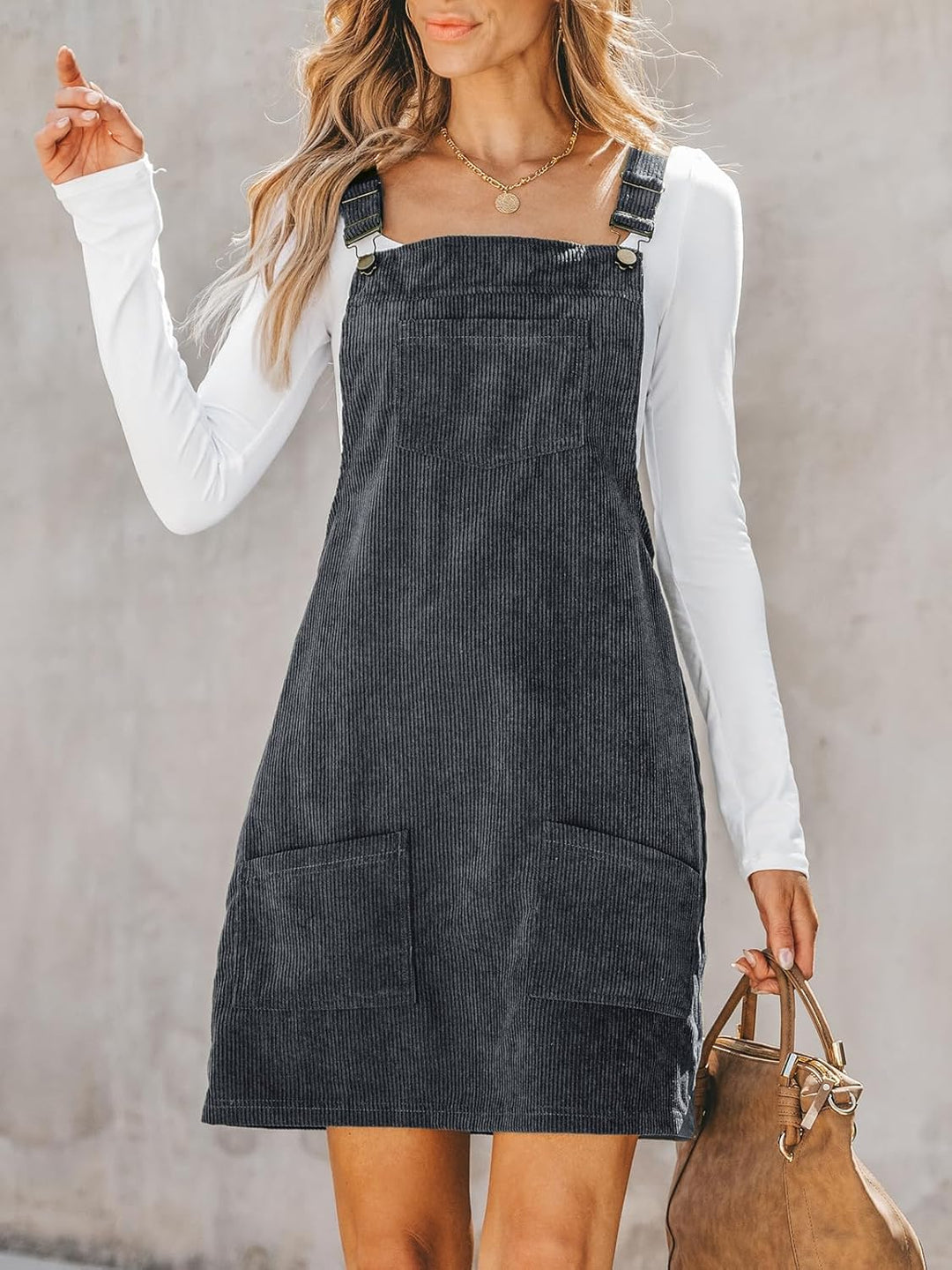 CUPSHE Damen Latzrock Quadratischer Ausschnitt Hosenträger Taschen Cord Latzkleid Overallkleid Freiz