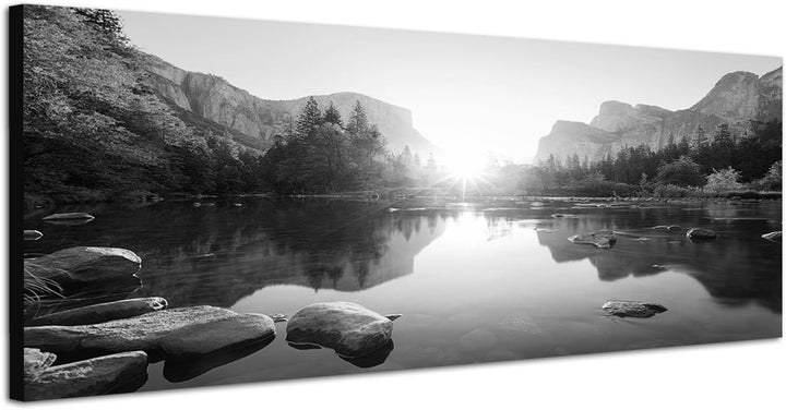 Paul Sinus Art Leinwandfoto als Panorama SCHWARZ/Weiss 120x40cm Yosemite Berge Wald Fluss Sonnenaufg