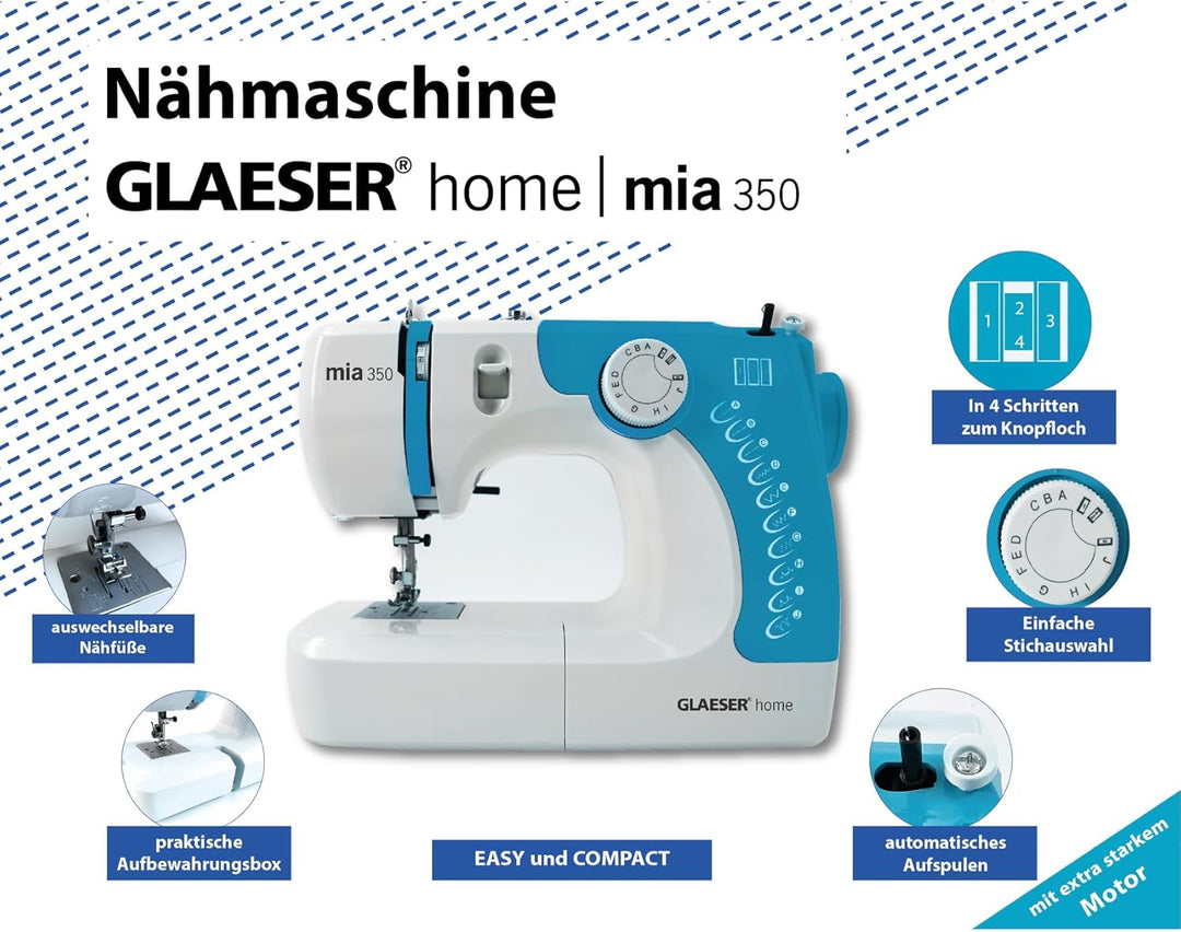 GLAESERhome Nähmaschine mia350 | Anfänger Nähmaschine | Einfache Handhabung & Stichauswahl | (Nähmas