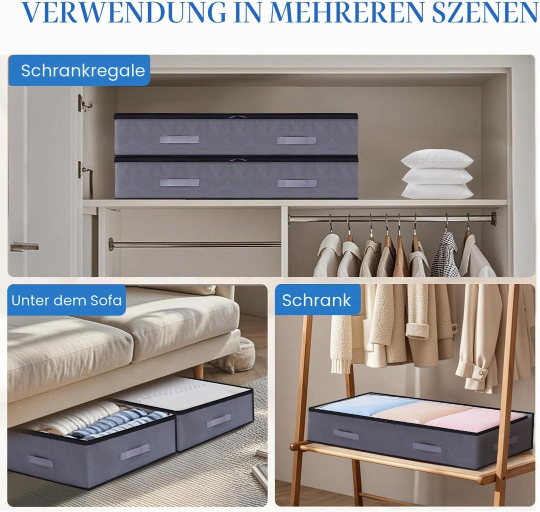 4 Stück 90L Unterbettkommode mit Sichtfenster, Faltbare Verdickter Vliesstoff Unterbett-Aufbewahrung