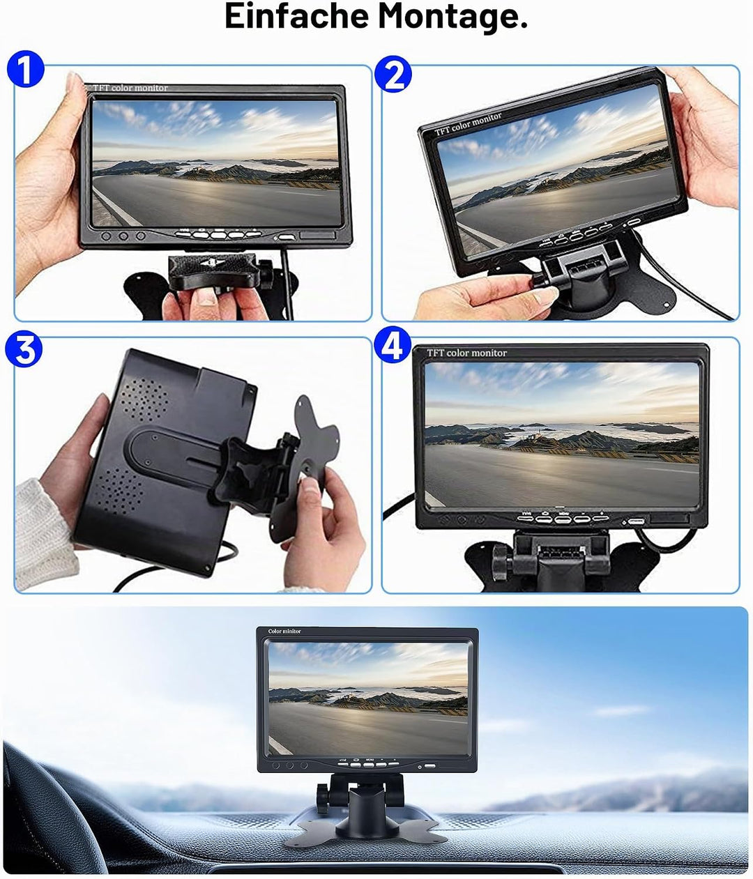Podofo Rückfahrkamera Set Kabel 10M mit 7 Zoll TFT LCD Monitor Kit Einparkhilfe Wasserdicht IP69 Rüc