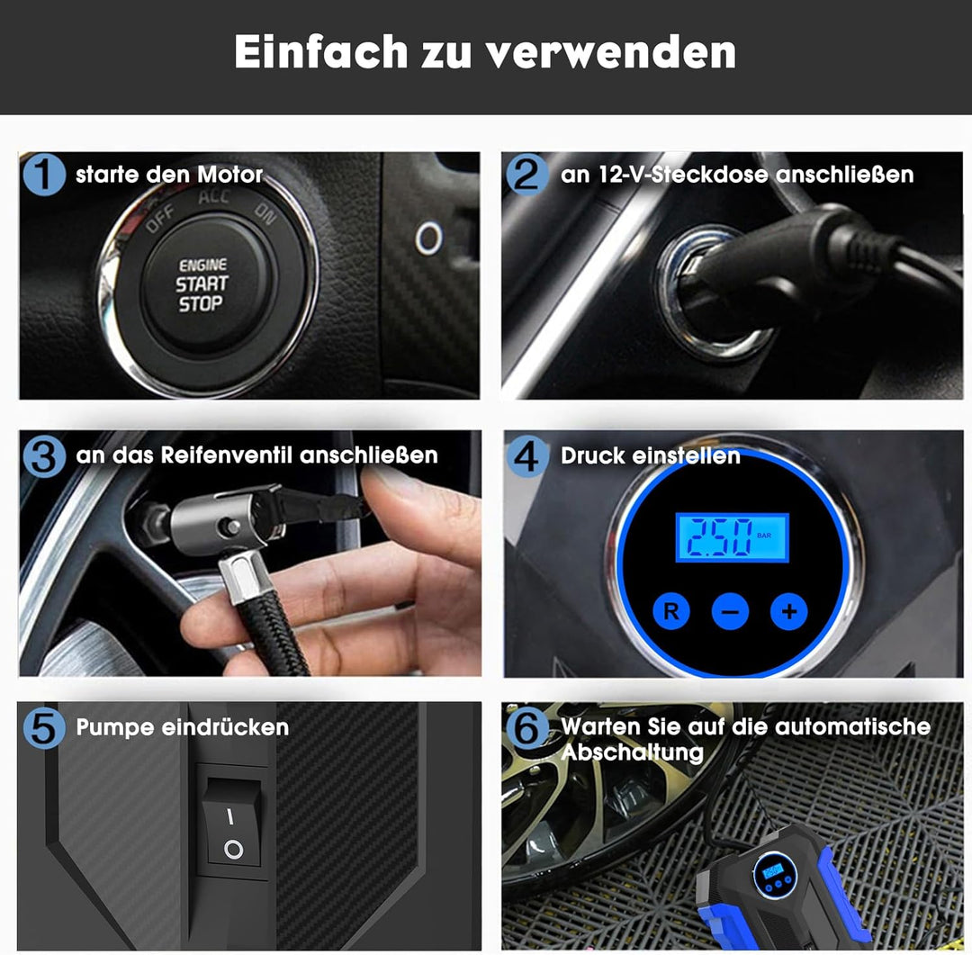 CARSUN Luftpumpe Auto,12V Mobiler Kompressor Auto,150PSI Autoreifen Pumpe mit Reifendruckmesser und