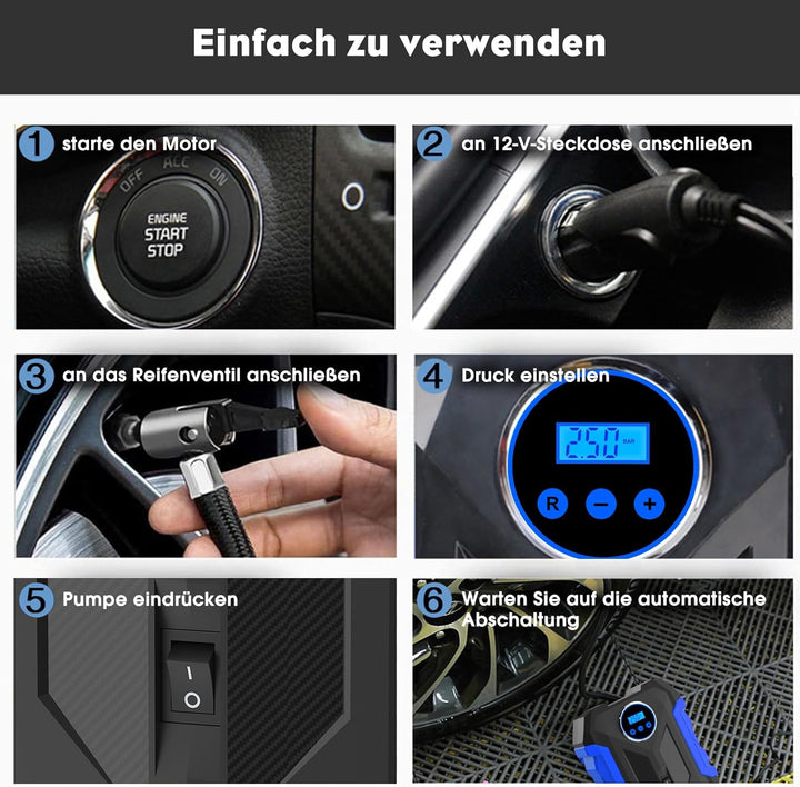 CARSUN Luftpumpe Auto,12V Mobiler Kompressor Auto,150PSI Autoreifen Pumpe mit Reifendruckmesser und