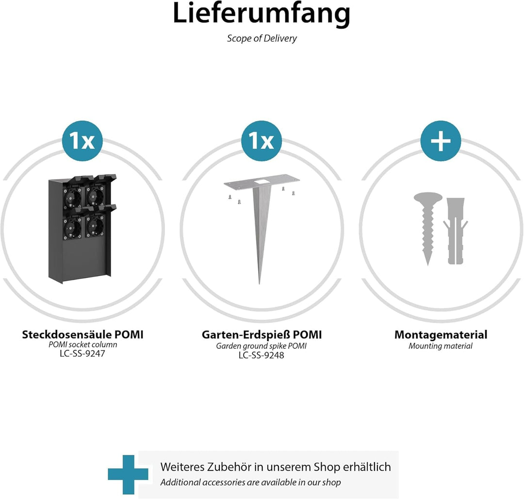 ledscom.de 2 Stück Garten-Steckdosen-Säule POMI mit Erdspiess für aussen, IP44, 4-Fach, anthrazit, e