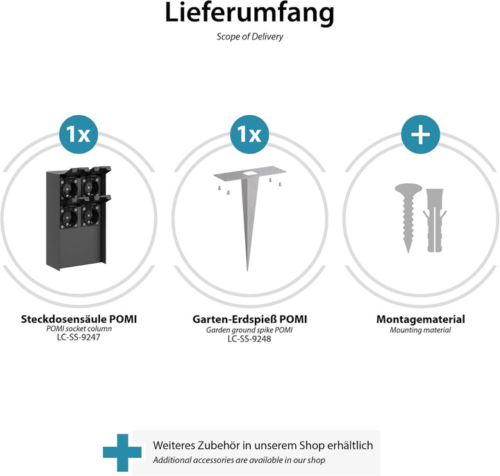 ledscom.de 2 Stück Garten-Steckdosen-Säule POMI mit Erdspiess für aussen, IP44, 4-Fach, anthrazit, e