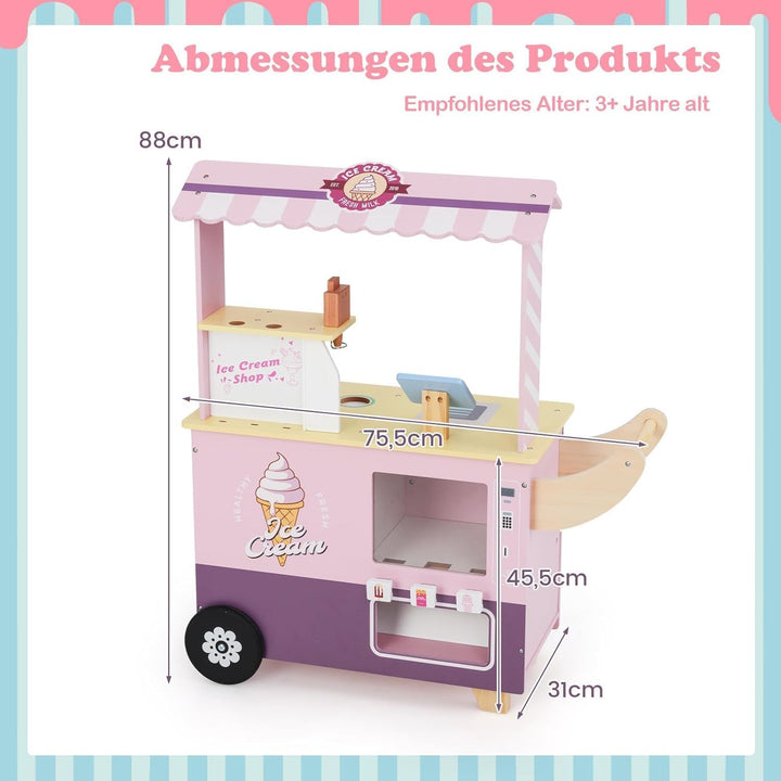 FANTASK Eiswagen Kinder Rosa mit 15 Zubehör, Kaufladen Holz mit Eismaschine & Kasse & Scanner & Verk