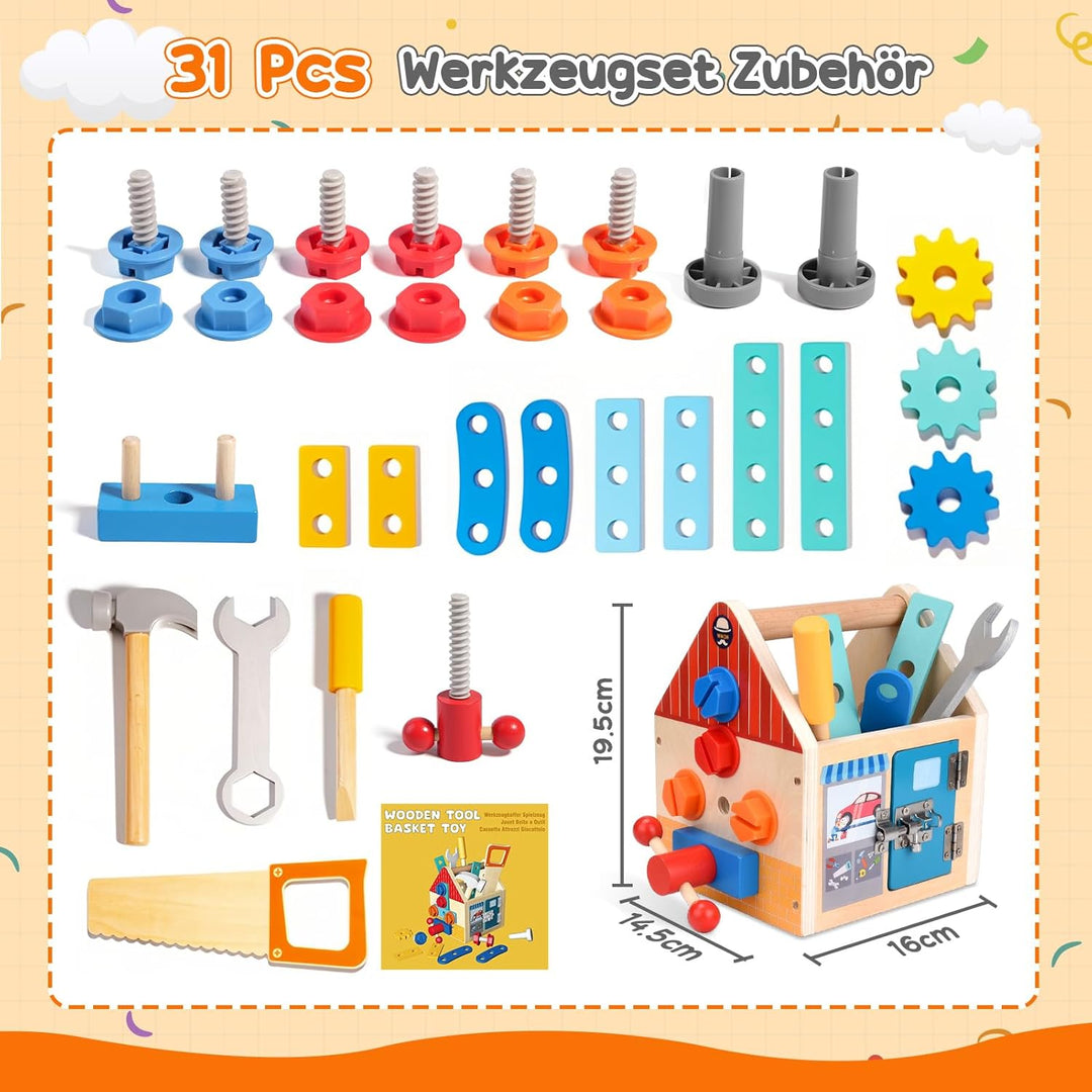 Werkzeugkoffer Kinder – Montessori Werkzeugkoffer Holz –Holzspielzeug Werkzeugkasten für Kinder ab 3