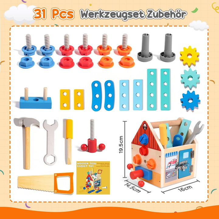 Werkzeugkoffer Kinder – Montessori Werkzeugkoffer Holz –Holzspielzeug Werkzeugkasten für Kinder ab 3