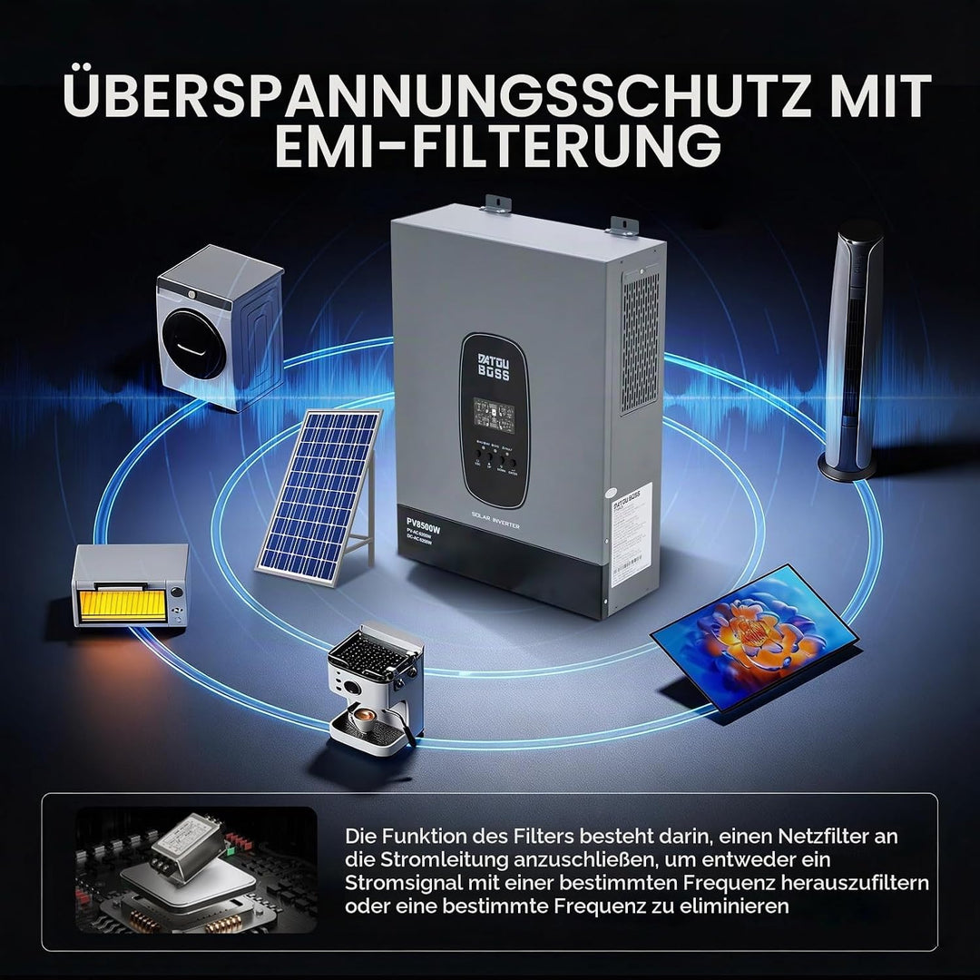 DATOUBOSS 6200W 48V Hybrid Wechselrichter Reiner Sinus, MPPT 120A, 8500W PV Eingang, 48V Lithium kom