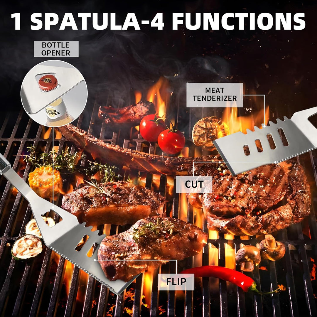 Grillbesteck-Set 11-TLG. 34 cm, Edelstahl, Grillzubehör mit Grillzange, Grillgabel, Tragbare Grillko