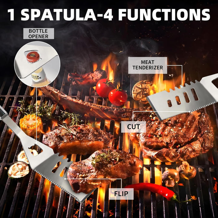 Grillbesteck-Set 11-TLG. 34 cm, Edelstahl, Grillzubehör mit Grillzange, Grillgabel, Tragbare Grillko