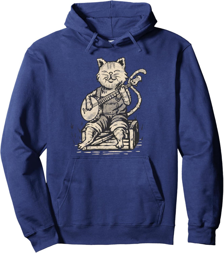 Cute Banjo Cat and Overalls Funny Bluegrass Music Pullover Hoodie