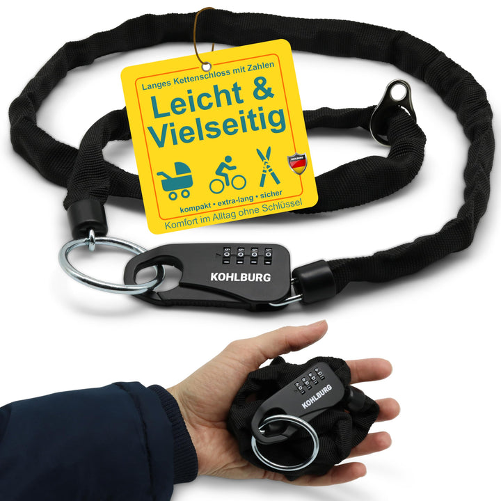 KOHLBURG sicheres Taschenschloss aus Kette & Zahlencode 129cm lang - robuste Sicherheit als Kinderwa