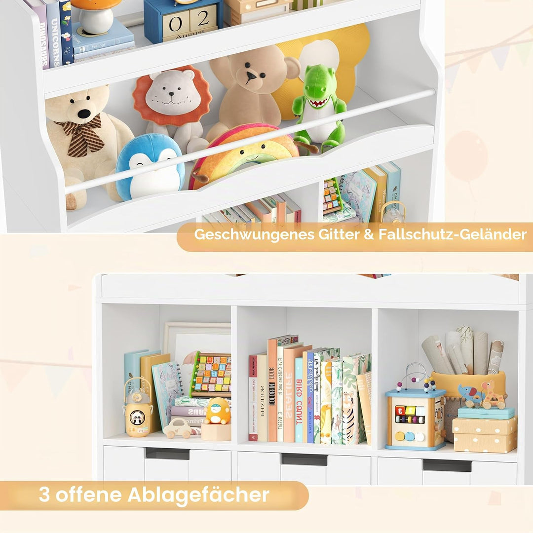 HOCSOK 110cm Kinderregal mit Boxen auf Rollen, Kinderbücherregal mit 4 Ablagefächern, Spielzeugregal