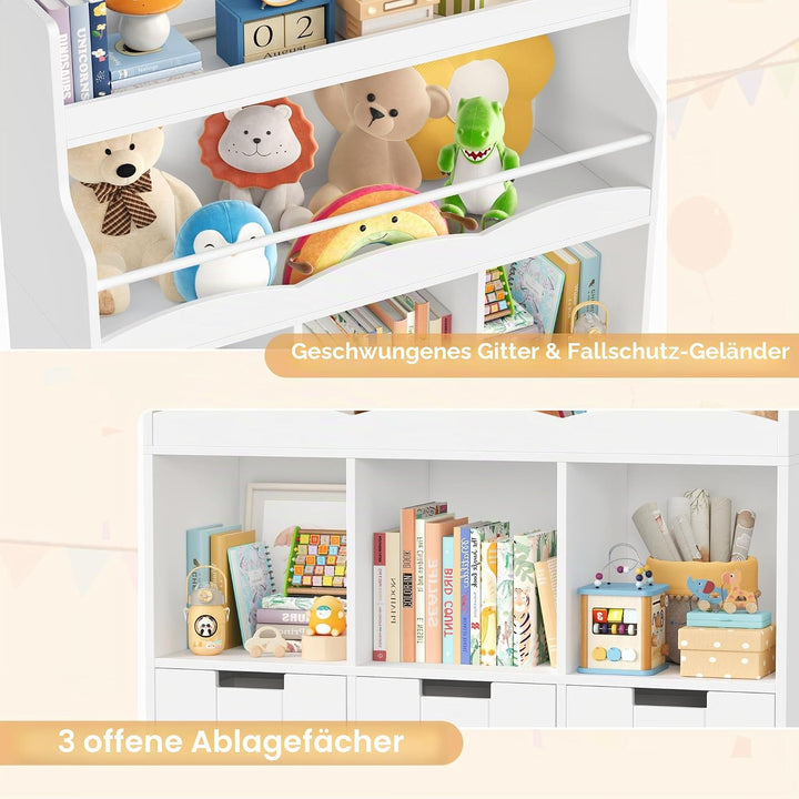 HOCSOK 110cm Kinderregal mit Boxen auf Rollen, Kinderbücherregal mit 4 Ablagefächern, Spielzeugregal