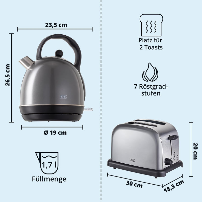 KHG Retro Frühstücksset | Toaster 2 Scheiben mit Brötchenaufsatz, 7 Bräunungsstufen 850W | Wasserkoc