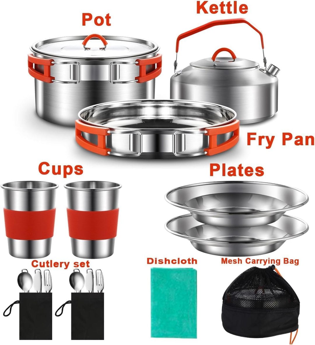 Camping Kochgeschirr Kit, 304 Edelstahl Camping Kochset, Camping Topf und Pfanne Set mit Wasserkoche