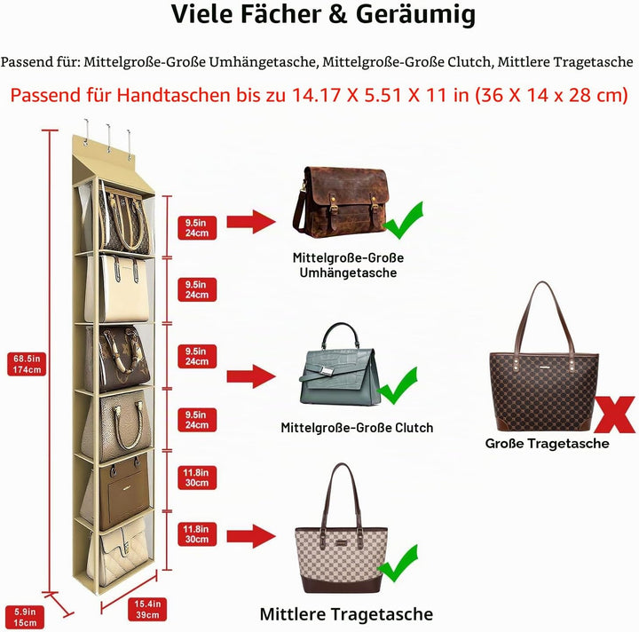Lirex Geldbörsen-Organizer, 6 Taschen Handtaschen-Organizer mit Reissverschluss zum Aufhängen, für S