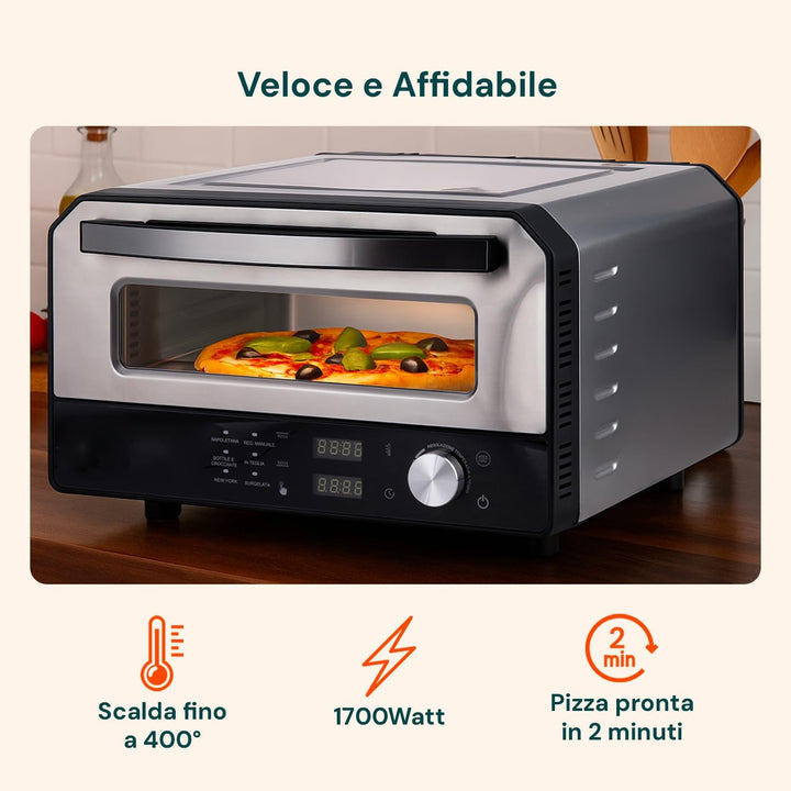 Avilia - Elektrischer Pizzaofen 400 °C mit Digitalanzeige und 6 Kochprogrammen, inklusive Pizzaschau