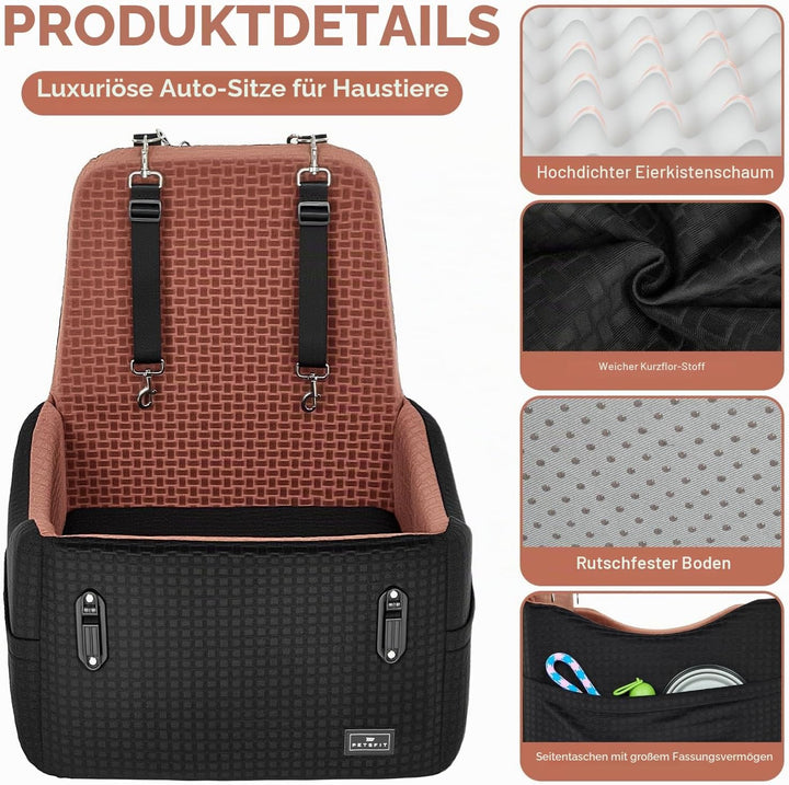 PETSFIT Autositz für kleine/mittelgrosse Hunde bis 15 kg – Patentiertes Sicherheitssystem, 15cm Erhö