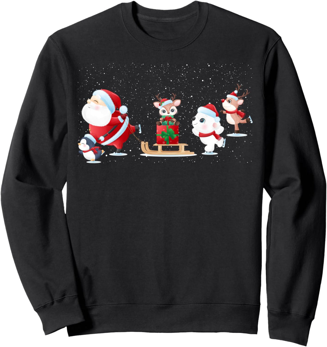 Niedlicher Weihnachtsmann Schlittschuh mit Freunden - Familie Weihnachten Sweatshirt
