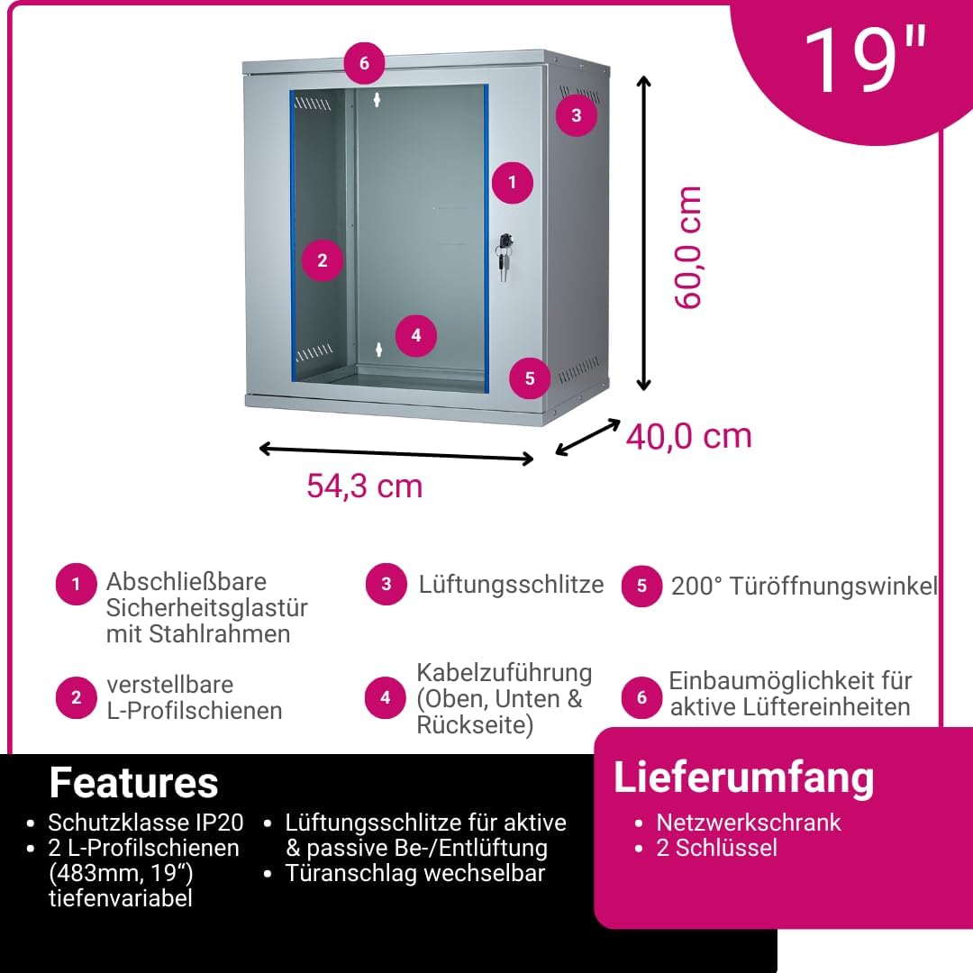 KOSCOM CONNECT Netzwerkschrank 19 Zoll 12 HE I 400 mm Tiefe I Serverschrank Grau I Wandmontage I abs