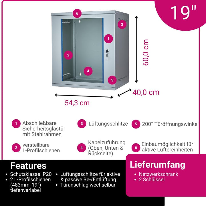 KOSCOM CONNECT Netzwerkschrank 19 Zoll 12 HE I 400 mm Tiefe I Serverschrank Grau I Wandmontage I abs