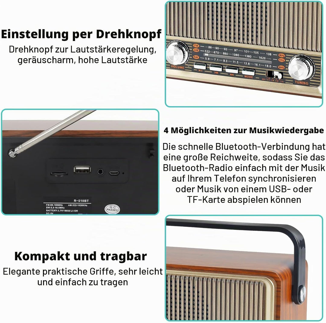 Retro Radio mit Bluetooth, Nostalgie Kofferradio Klein mit AM/FM/SW3, USB/TF/AUX, Wiederaufladbar, K