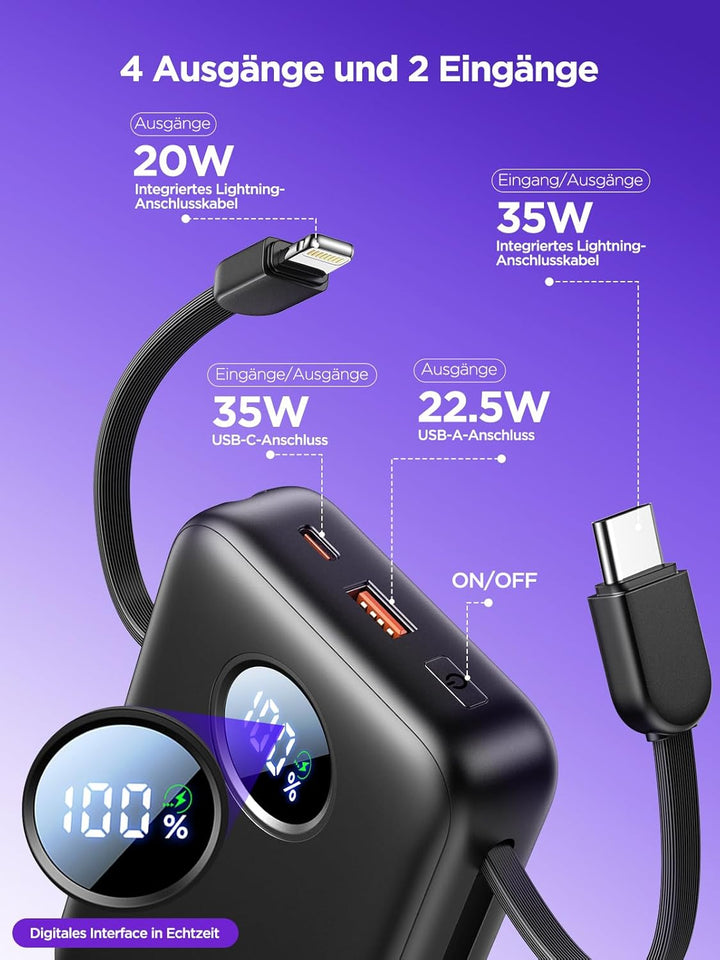Aioneus Power Bank 20000mAh, 35W USB-C PD Schnellladefunktion PowerBank mit integrierten Kabeln (USB