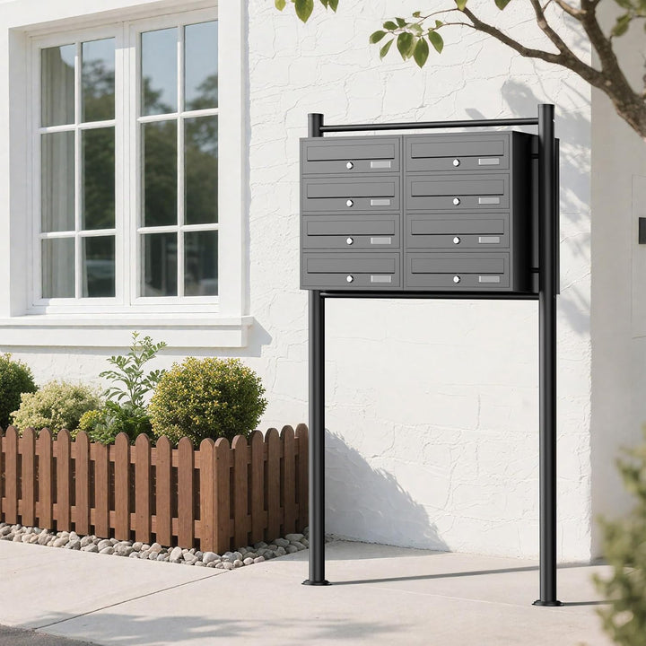 Wiltec 8er Briefkastenanlage schwarz 945 x 270 x 1500 mm, Standbriefkasten mit 2x4 Fächern, Schlüsse