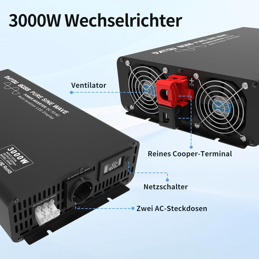 DATOUBOSS Wechselrichter 12v auf 230v 3000w /6000w Reiner Sinus Spannungswandler,mit Fernbedienung E