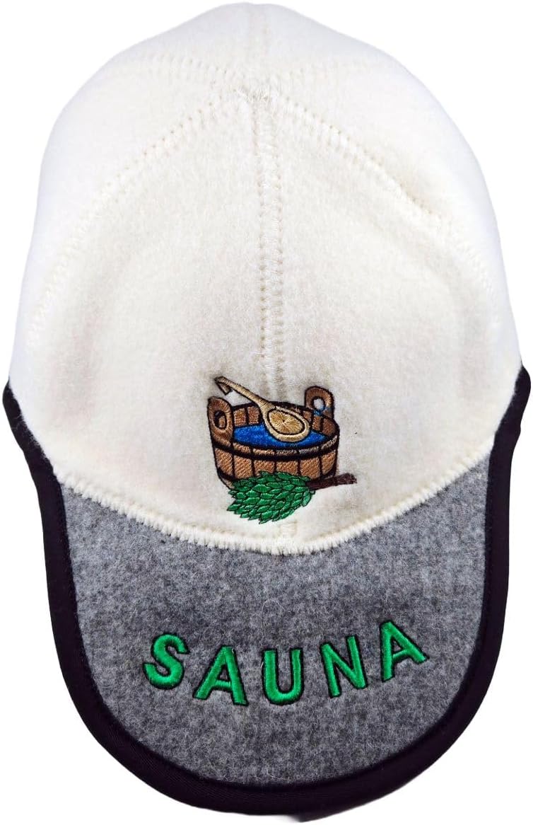 SAUNA Saunahut, Baseballkappen-Form, 100% Schafwolle, Weiss-Grau, mit Saunatub-Stickerei