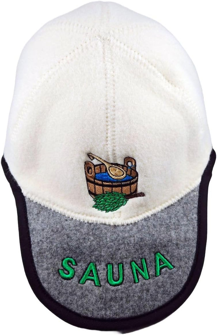 SAUNA Saunahut, Baseballkappen-Form, 100% Schafwolle, Weiss-Grau, mit Saunatub-Stickerei