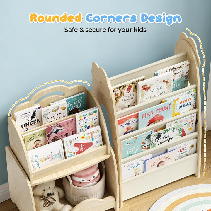 3-in-1 Kinderregal, Holz Kinder Bücherregal mit Spielzeugregal & Hängetasche & Offenem Fach, Tragbar