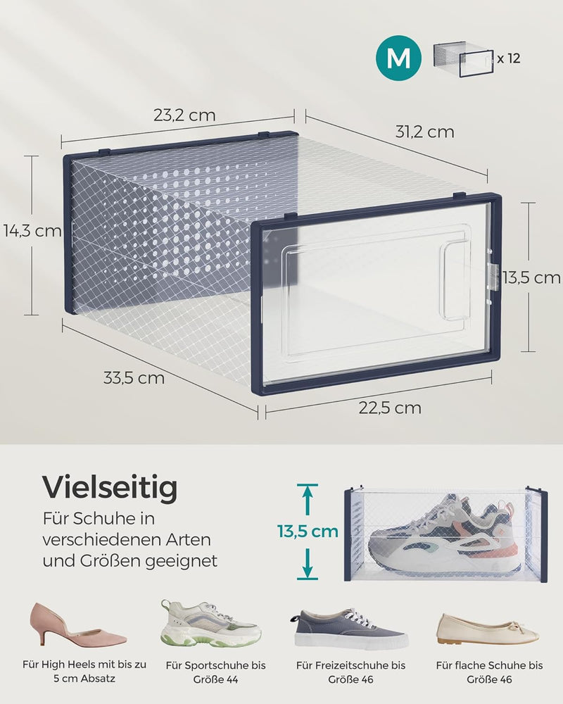 SONGMICS Schuhboxen, 12er Set, Schuh-Organizer aus Kunststoff, faltbar und stapelbar, für Schuhe bis