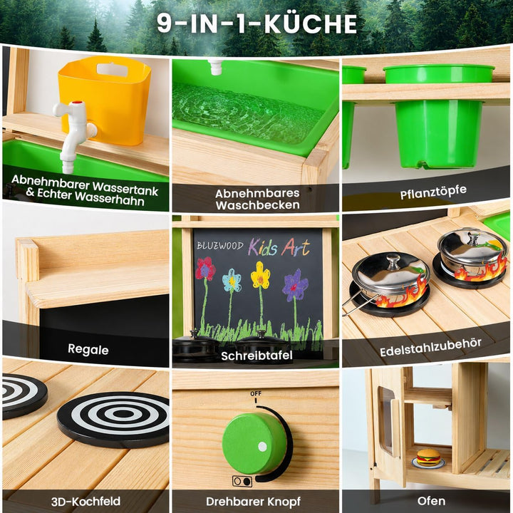BlueWood Matschküche Kinder Outdoor – FSC Holz Küche mit Wasserhahn, Spielbecken &amp; Stauraum für Gart