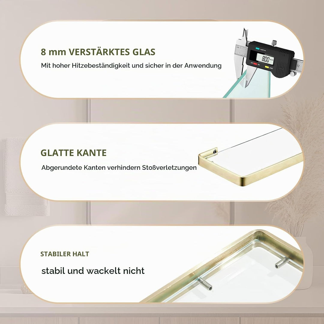 Glasablage mit Reling aus Gebürstetes Gold, Wandablage für das Badezimmer aus Glas und Edelstahl, 45