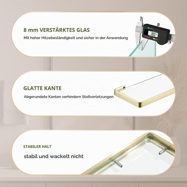 Glasablage mit Reling aus Gebürstetes Gold, Wandablage für das Badezimmer aus Glas und Edelstahl, 45