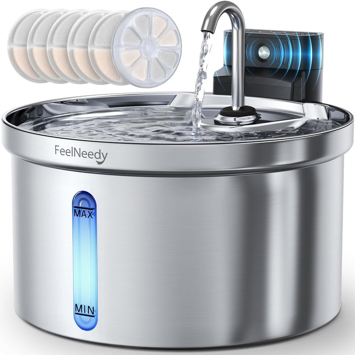 Kabelloser Katzenbrunnen Edelstahl mit Bewegungsmelder [Wasser-und Batterietrennung] FEELNEEDY Batte