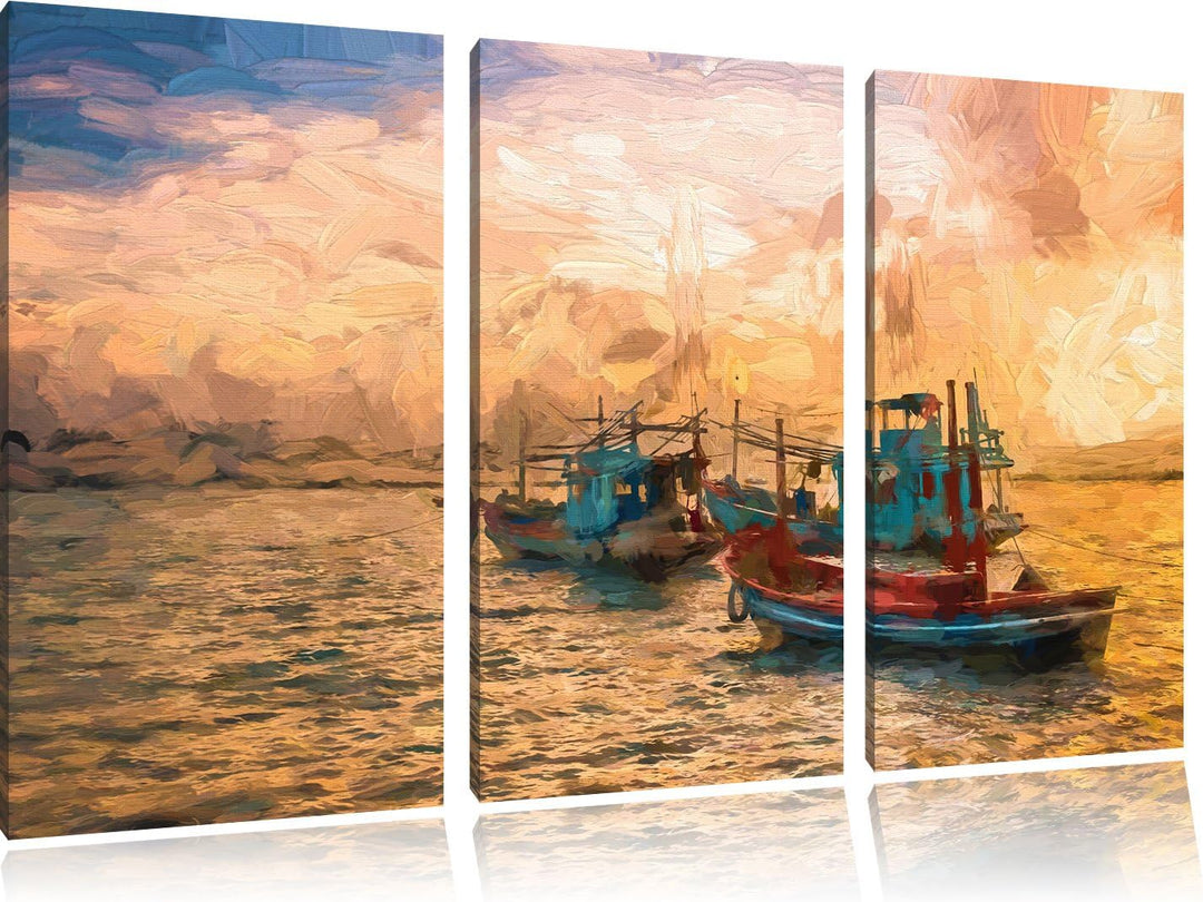 Pixxprint thailändische Fischerboote im Meer als Leinwandbild/Grösse: 3 Teilig (120x80 cm) cm/Wandbi