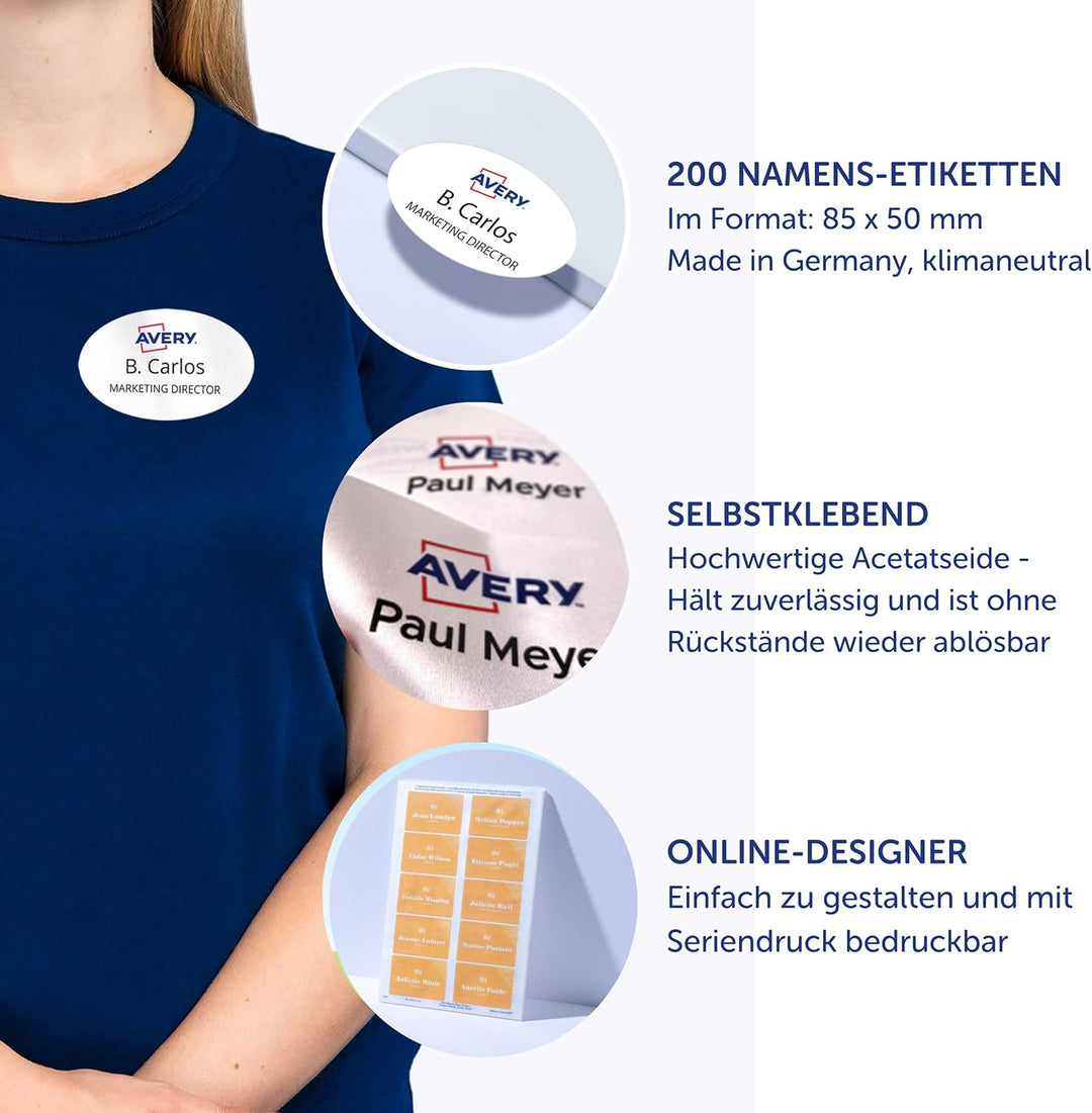 Avery Zweckform L4882-20 Namensetiketten (200 Namensaufkleber, 85x50mm auf A4, selbstklebend, bedruc