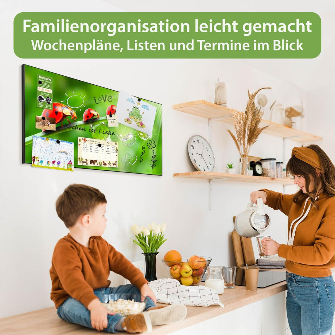 banjado Magnettafel schwarz 78 x 37cm / Magnetwand Metall/Magnetpinnwand als Memoboard/Pinnwand Magn