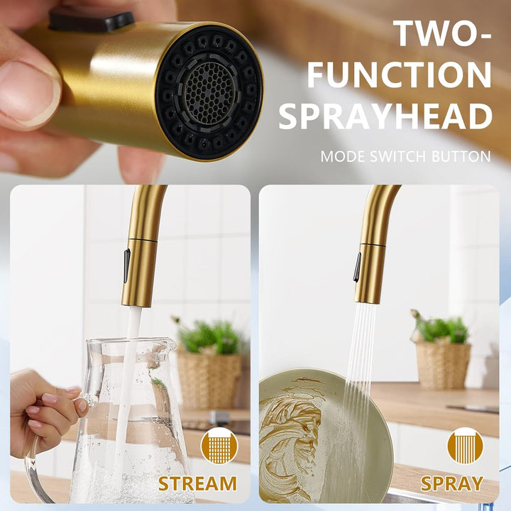 Wasserhahn Küche Gold, Hochdruck Küchenarmatur mit Herausziehbarer Brause, Hoher Bogen Armatur, Misc