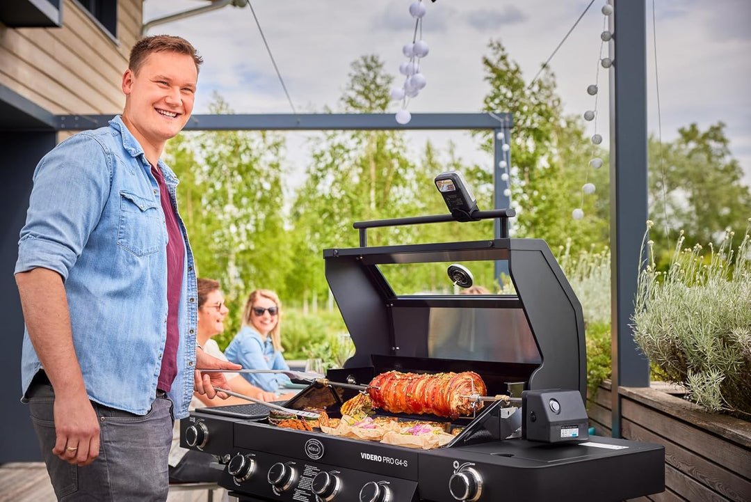 RÖSLE ALLFLAME Drehspiess, Rotisserie-Spiess für Grill, Edelstahl 6-Kant-Spiess bis 10 kg, Elektromo