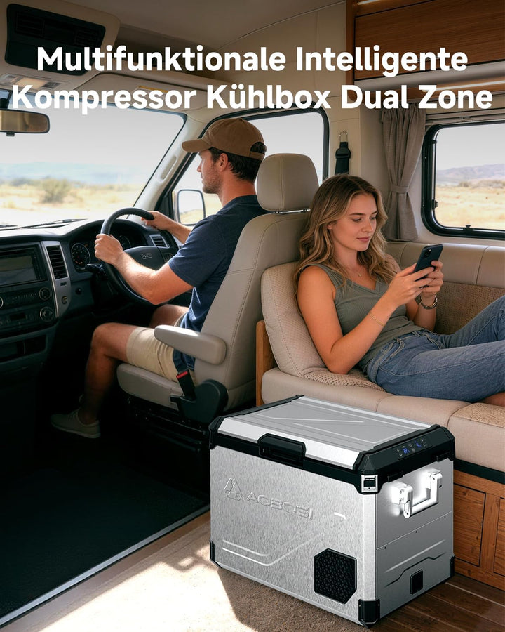 AAOBOSI 45L Kompressor Kühlbox Dual Zone bis -20℃，Edelstahlgehäuse &amp; Aluminium-Innenausstattung，12/2