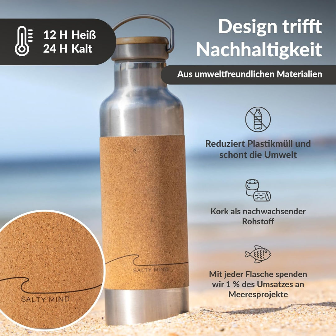 Salty Mind nachhaltige, isolierte Edelstahl Trinkflasche [750ml] - klimaneutral - Thermo Wasserflasc