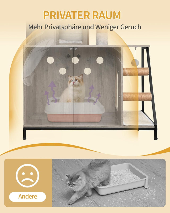 Hzuaneri Kratzbaum mit Katzenklo-Schrank, Katzenschrank, 4-in-1 Modernes Katzenhaus mit Grosser Plat