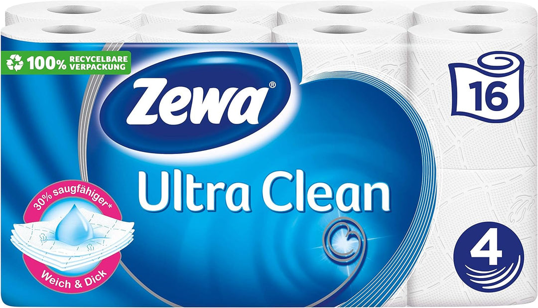 Zewa Toilettenpapier Ultra Clean 4-Lagig, Mega Pack, 3 Packungen (48 Rollen x 135 Blatt) Mehrfarbig