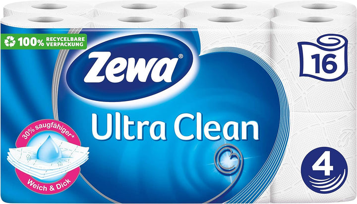 Zewa Toilettenpapier Ultra Clean 4-Lagig, Mega Pack, 3 Packungen (48 Rollen x 135 Blatt) Mehrfarbig