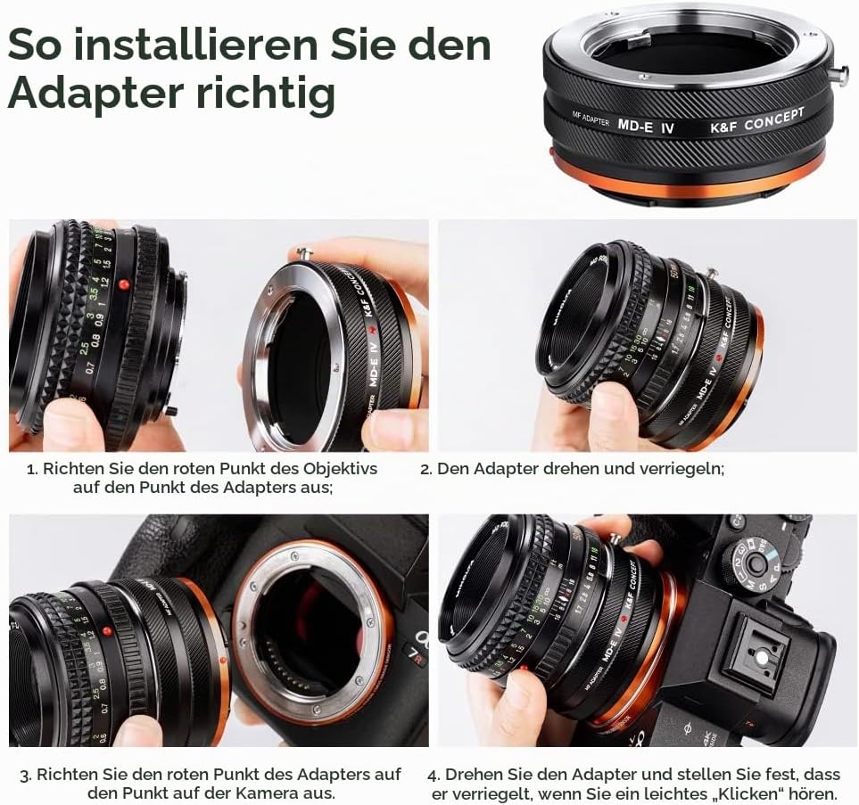 K&amp;F Concept Objektivadapter MD-NEX IV Manueller Fokus Kompatibel mit Minolta Rokkor (SR/MD/MC) Objek